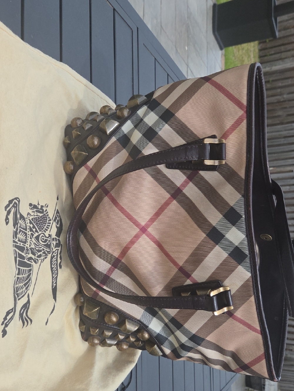 Burberry Beige Plaid Tote with Black Leather Handles and Gold Studs - Picture 3 of 13